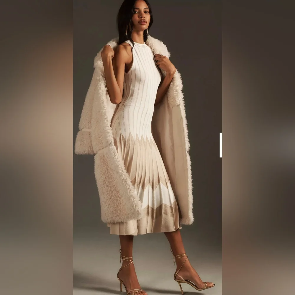 Anthropologie White/Gold Pleated Drop Waist Knit Midi Dress - Picture 4 of 8